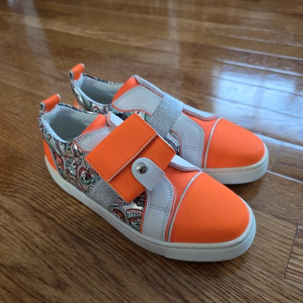Christian Louboutin Kids Bright Orange and Metallic Sneakers